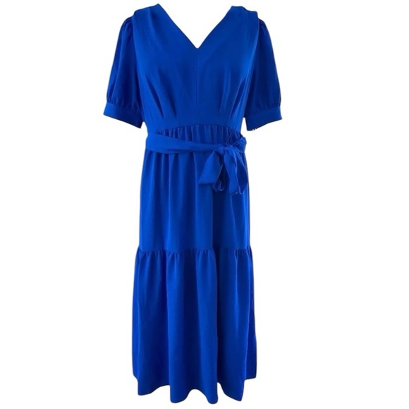 DKNY Midi Dress Womens Size 8 Royal Blue Fit & Flare Tiered Tie Waist V-Neck NWT - Picture 8 of 15